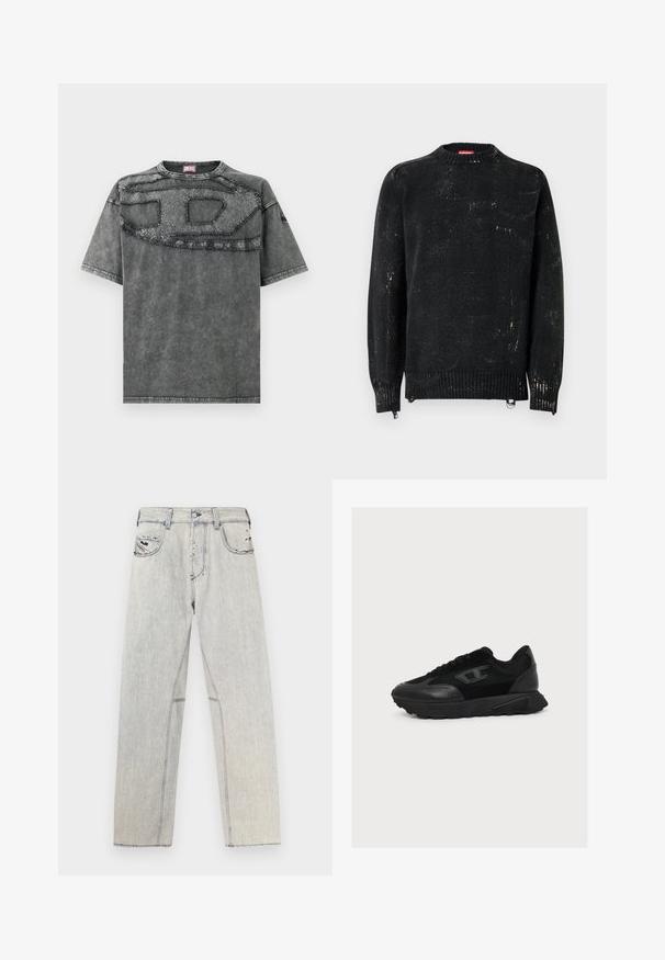 Sort strikket sweater med rund hals, ribbede manchetter og kant. Har en slidte tekstur med lysere mærker. Sidelommer med lynlåse til justering.; Grå denim T-shirt med korte ærmer, der har et tekstureret patch-design henover brystet og diskrete slidte detaljer på stoffet.; Lyseblå denimjeans med lige snit, der har kontrastsyninger, to forlommer og slidte detaljer på stoffet.; Sort lavtop sneaker med blandet mesh- og læderoverdel, snørelukning og tekstureret sål, vist i højre sideprofil på hvid baggrund.