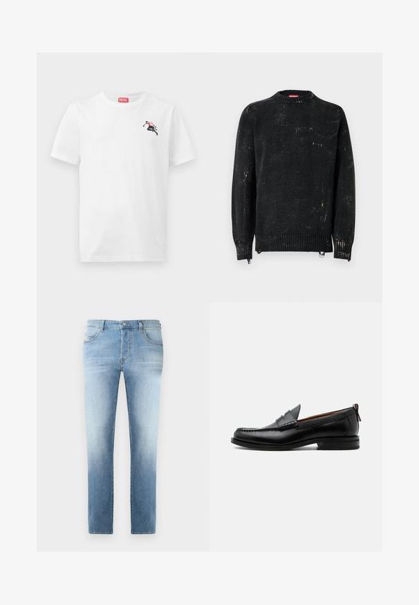 Sort strikket sweater med rund hals, ribbede manchetter og kant. Har en slidte tekstur med lysere mærker. Sidelommer med lynlåse til justering.; Hvid bomulds-T-shirt med en lille sort og rød grafik på venstre bryst og et rødt logomærke ved halsudskæringen. Korte ærmer, rund hals.; Lysblå denim jeans med en let falmet finish, lige ben design, fem-lomme stil og metalknaplukning i taljen.; Sort læder herre loafer med moc-tå syning, penny strop, struktureret krave og lav stablet hæl på hvid baggrund.