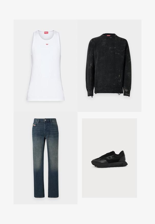 Sort strikket sweater med rund hals, ribbede manchetter og kant. Har en slidte tekstur med lysere mærker. Sidelommer med lynlåse til justering.; Hvid ærmeløs tanktop lavet af glat stof. Har en rund halsudskæring og et lille rødt "D" logo i midten.; Blå denimjeans med lige ben, falmet vask, forreste knap- og lynlås lukning samt fem-lomme design.; Sort lavtop sneaker med blandet mesh- og læderoverdel, snørelukning og tekstureret sål, vist i højre sideprofil på hvid baggrund.