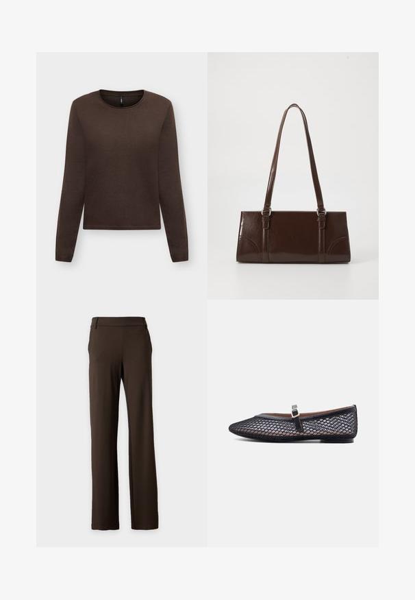 Pull marron à manches longues, col rond, avec poignets et ourlet côtelés, présenté sur un fond clair uni.; Pantalon marron foncé droit avec passants de ceinture, poches latérales et un design avant épuré sur un fond clair uni.; Chaussure plate Mary Jane en mesh noir avec un bout arrondi, une fine bride et une boucle dorée sur fond blanc.; Sac à main en cuir verni marron de forme rectangulaire, avec deux longues poignées et des accents courbés subtils à l'avant.