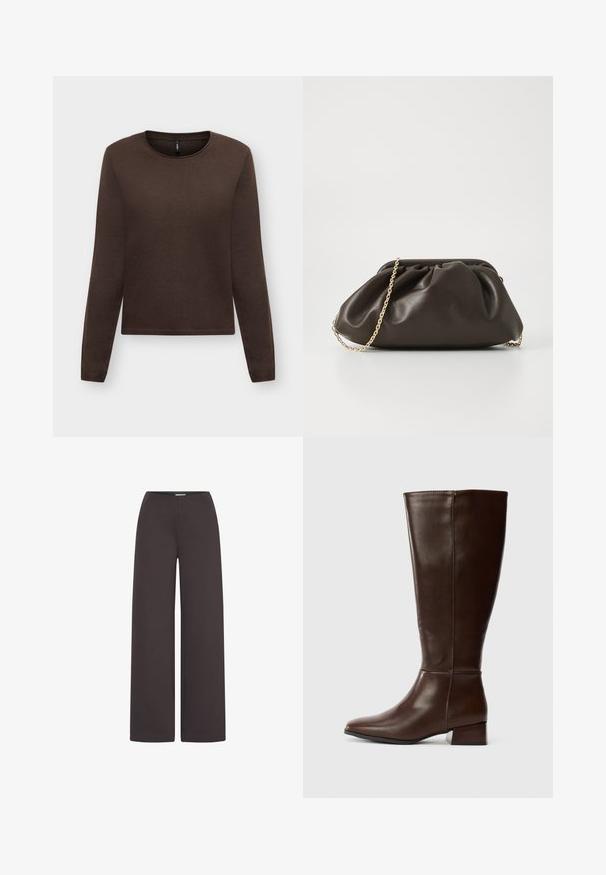 Brun langærmet crewneck sweater med ribbet manchetter og kant, vist på en ensartet lys baggrund.; ICHI IHKATE WIDE PA2 - Bukser - chocolate torte; Høj, mørkebrun læderstøvle med en lav blokhælt og en glat overflade, vist fra siden på en hvid baggrund.; Brun læderhandtaske med en sammensnøring, guld kædestrop og blød, struktureret overflade. Kompakt form velegnet til aftensbrug.