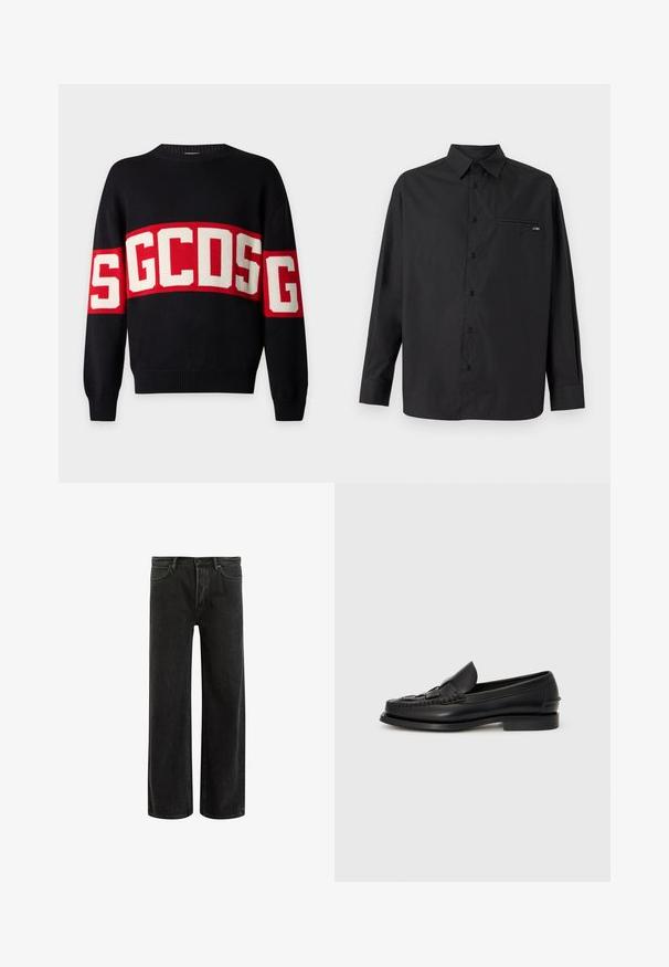Pull en maille noir avec bande horizontale rouge et grandes lettres blanches "GCDS" sur la poitrine et les manches.; Chemise noire à manches longues en tissu lisse, avec un col, une patte de boutonnage, une poche poitrine unique et un logo discret sur la poche.; Jean en denim noir à jambes larges avec taille haute, présentant un design classique à cinq poches et un léger délavage pour un aspect texturé.; Mocassin en cuir noir avec un détail tissé à l'avant, bout arrondi et petit talon. Texture lisse et design minimaliste.