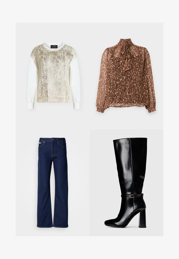 Hvid langærmet top med en skinnende gylden tekstureret frontpanel og ribbede manchetter, vist på en ensartet lys baggrund.; Brun leopardprintet, gennemsigtig bluse med lange ærmer, høj hals og bindebåndsdetalje ved kraven.; Mørkeblå denimjeans med vidbenet design, lige snit, fem lommer og lynlås foran. Syning detaljer langs sømmerne.; Sorte, blanke læderstøvler til knæene med blokhæl og lille dekorerende spænde langs anklen.