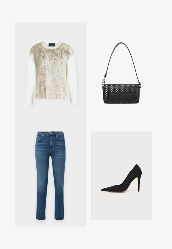 Weißes langärmliges Top mit glänzendem, goldfarbenem, strukturiertem Frontpaneel und gerippten Bündchen, dargestellt vor hellem, einfachem Hintergrund.; Dunkelblaue Denim-Jeans mit geradem Bein, fünf Taschen-Design und einem Metallknopf an der Taille. Dezente Ausbleichungen und Nähedetails.; Schwarzer, spitz zulaufender Stiletto-Pump mit dünnem Absatz, seitlich auf weißem Hintergrund fotografiert.; Schwarze Lederhandtasche mit strukturiertem Oberflächen, verziert mit weißen Nieten, ausgestattet mit einer flachen Fläche mit eingeprägtem Logo und einem schmalen Schultergurt.
