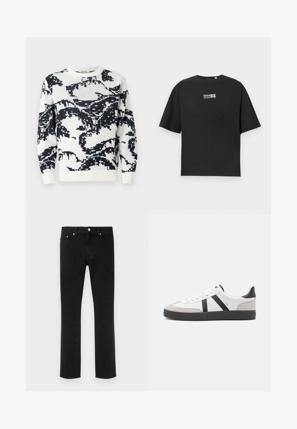 Pull en maille à col rond couleur crème avec un motif abstrait noir. Présente des poignets et un ourlet côtelés, confectionné dans un tissu doux et texturé.; T-shirt noir à manches courtes avec col rond, petit logo blanc "Castrol GTX Racing" centré sur la poitrine.; Jeans noirs à jambes droites avec cinq poches et des détails délicatement usés sur un fond clair uni.; Baskets blanches avec des accents noirs et gris, présentant un embout texturé gris, une semelle en caoutchouc noir et des lacets plats blancs. Design épuré, style minimaliste.
