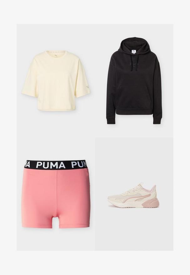 Μαύρο φούτερ Puma με μπροστινή τσέπη καγκουρό, κουκούλα με ρυθμιζόμενο κορδόνι και διακριτικό κεντητό λογότυπο στο στήθος.; Κοντομάνικο cropped T-shirt Puma σε κρεμ απόχρωση με στρογγυλή λαιμόκοψη και μικρό λογότυπο Puma στο αριστερό μανίκι και εσωτερικά στον γιακά.; Ροζ αθλητικό σορτς με μαύρη ελαστική μέση που φέρει λευκό κείμενο «PUMA», εμφανίζεται πάνω σε απλό φωτεινό φόντο.; Ελαφριά αθλητικά παπούτσια με σχέδιο σε μπεζ και ανοιχτό ροζ, δικτυωτό επάνω μέρος, μαλακή σόλα και διακριτικές λεπτομέρειες λογότυπου στο πλάι.