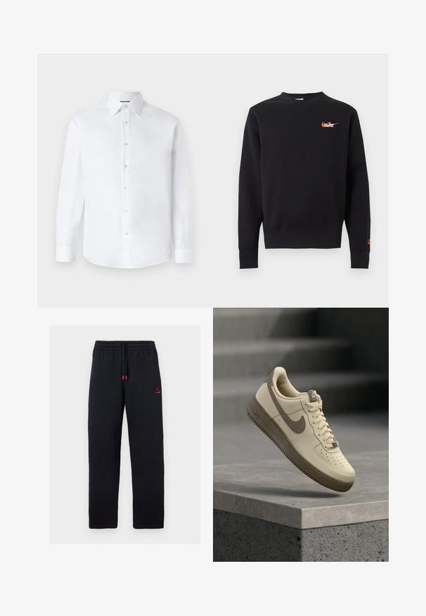 Zwarte trui met lange mouwen en ronde hals, met klein oranje Nike-logo op de linkerkant van de borst en mouwboord.; Witte lange mouwen shirt met een klassieke kraag, knopenlijst aan de voorkant en een ronde zoom. Gemaakt van gladde katoenstof zonder patronen.; Zwarte joggingbroek met elastische tailleband en trekkoord, klein rood Jumpman-logo met de tekst "AIR" op de linker dij.; Beige en bruine Nike Air Force 1 sneaker met veters, zwevend boven een betonnen oppervlak met trappen op de achtergrond.