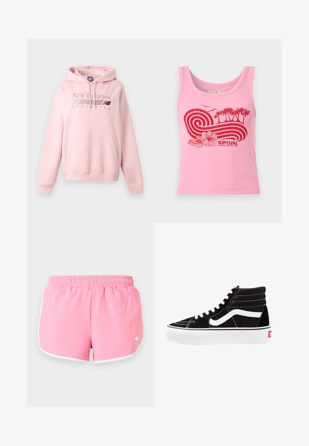 Sweat à capuche rose clair New Balance avec poche avant, capuche à cordon et logo "New Balance Athletics" sur la poitrine.; Débardeur rose côtelé avec un motif rouge représentant des vagues, des palmiers, des fleurs, des oiseaux, et le logo "RIP CURL" accompagné du texte "Heritage Surf Brand Since 1969."; Shorts de sport roses avec bordure blanche et taille élastique, présentés à plat sur un fond clair.; Baskets montantes noires avec des lacets blancs, un logo blanc et des coutures blanches contrastées. Dotées d'une épaisse semelle blanche et d'un dessus en daim texturé.