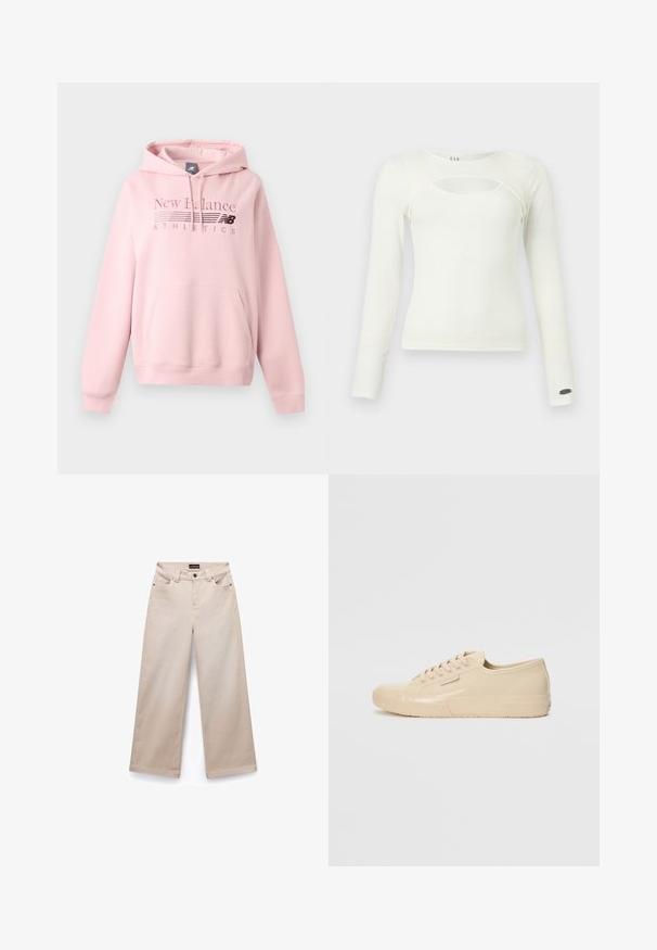 Hellrosa New Balance Hoodie mit Fronttasche, Kordelzugkapuze und dem Schriftzug "New Balance Athletics" auf der Brust.; Weißes Langarmshirt für Damen mit rundem Ausschnitt vorne und einem kleinen Metalllogo am linken Ärmelbündchen.; Beige weite Baumwollhosen mit glatter Textur. Sie verfügen über fünf Taschen, Gürtelschlaufen und silberfarbene Beschläge an der Vorderseite.; Beige Low-Top-Sneaker mit glänzender Oberfläche, ausgestattet mit einer strukturierten Gummisohle, runder Zehenpartie und sechs Ösen für Schnürsenkel.