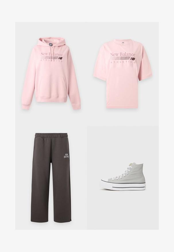 Sudadera con capucha New Balance rosa claro con bolsillo delantero, capucha con cordón y logo "New Balance Athletics" en el pecho.; Camiseta rosa claro de manga corta New Balance Athletics con cuello redondo y texto del logo impreso en el pecho.; Pantalones deportivos gris oscuro de pierna recta con cintura elástica y pequeño logotipo blanco de "New Balance" en el muslo derecho.; Zapatillas altas de lona gris claro, con cordones blancos, suela de goma blanca y una franja negra a lo largo de la base.