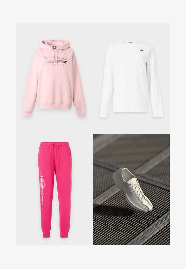 Lyserød New Balance hættetrøje med frontlomme, snøre i hætten og "New Balance Athletics" logo på brystet.; Hvid langærmet T-shirt med rund hals og lille sort The North Face-logo på venstre bryst.; Lyserøde sweatpants lavet af blødt stof, med snor i taljen, tapered cuffs og hvid grafisk tekst på venstre ben.; Hvide sneakers med teksturerede side detaljer og snørebånd, der svæver over en mønstret metalrist i blødt naturligt lys.