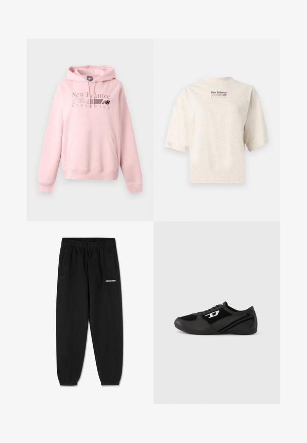 Lyserød New Balance hættetrøje med frontlomme, snøre i hætten og "New Balance Athletics" logo på brystet.; Beige New Balance Athletics T-shirt med korte ærmer med vinrødt logo og tekst centreret på brystet, ensfarvet baggrund.; Sorte sweatpants lavet af blødt stof, med snoretræk i taljen, tætsiddende ben og sidelommer. "PEGADOR" logo i hvid på fronten.; Sorte atletik sko med ruskind og syntetisk overdel, med et struktureret design, rundet tå og flad sål. Sølvfarvet logo på siden.