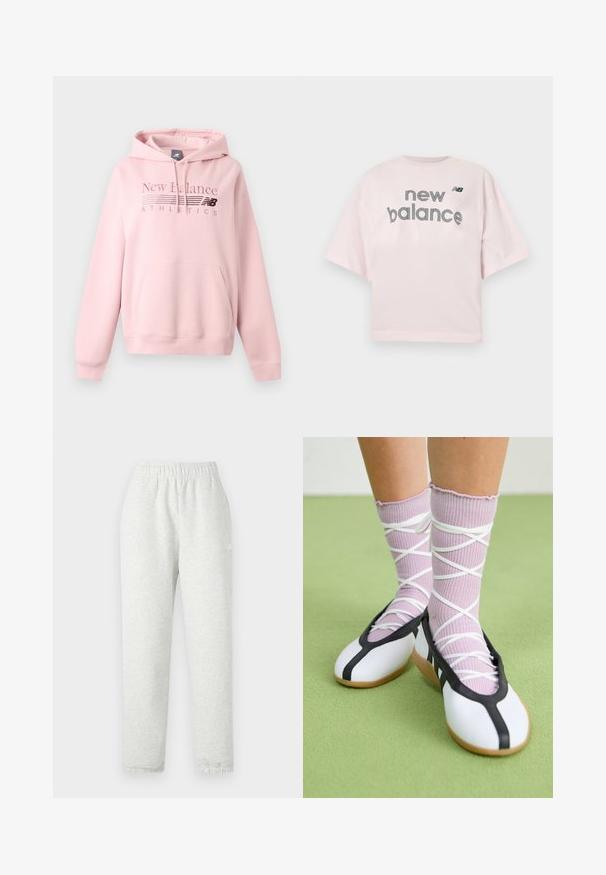 Svetloružová New Balance mikina s kapucňou s predným vreckom, sťahovacou šnúrkou na kapucni a logom "New Balance Athletics" na hrudi.; Svetloružové tričko s krátkym rukávom s textom "new balance" a malým čiernym logom "NB" v strede na hrudi.; Svetlo šedé tepláky s elastickým pásom, zúženými nohavicami a rebrovanými manžetami. Vyrobené z mäkkej, štruktúrovanej tkaniny. Biele logo na boku.; Nohy v rebrovaných levanduľových ponožkách s bielymi krížovými pásmi v kombinácii s bielymi baletnými papučkami s čiernym lemom na zelenej podlahe.