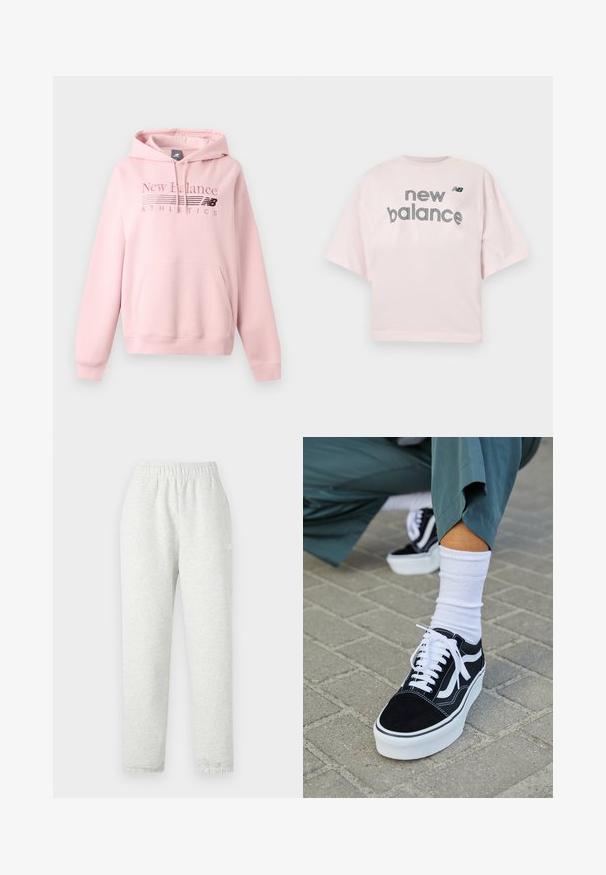 Hele roosa New Balance kapuutsiga pusa esitasku, nööriga kapuuts ja rinnal "New Balance Athletics" logo.; Hele-roosa lühikeste varrukatega T-särk, millel on tekst "new balance" ja väikene must "NB" logo rinnal keskel.; Heledad hallhalli, elastselt kohanduv vöökoht, kitsenevad sääred ja soonikservad. Valmistatud pehmest, tekstuuriga kangast. Valge logo detail külgedel.; Mustjad sametist tennisjalanõud valgete aktsentide ja nööridega, millel on paks valge tald ja kontrastsed õmblused, koos valge sokiga.