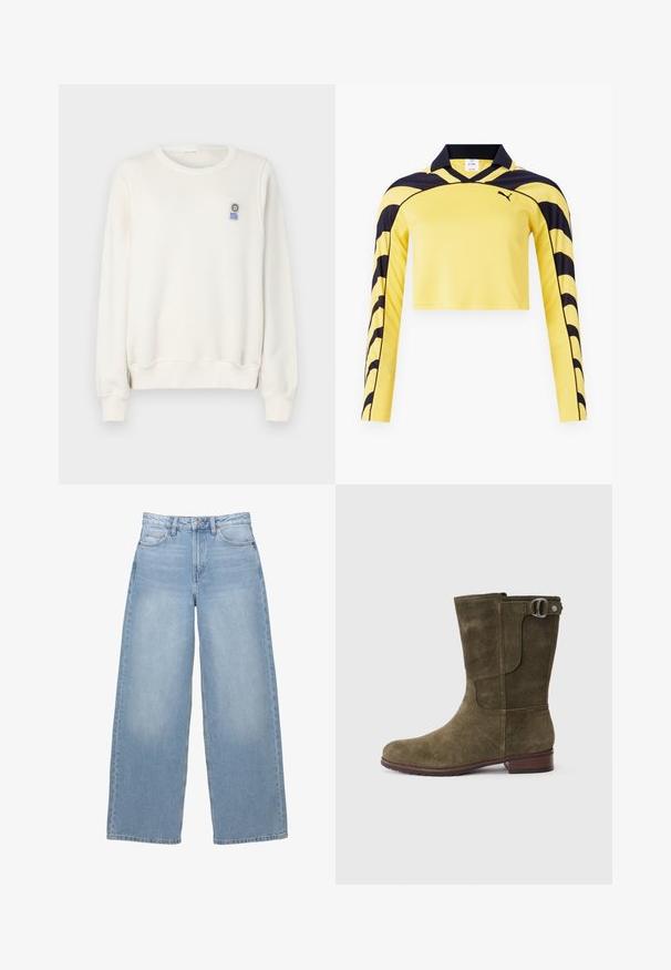 Weißes Rundhalsausschnitt-Sweatshirt aus weichem Material. Verfügt über einen gerippten Kragen, Bündchen und Saum. Kleines, mehrfarbiges Logopatch auf der oberen linken Brust.; Gelbes, kurz geschnittenes Langarm-Jersey mit schwarzen Akzenten, einem Polokragen und einer strukturierten Oberfläche mit einem dynamischen Streifenmuster. Puma-Logo enthalten.; Helle blaue, weit geschnittene Jeans aus Denim. Besitzt eine hohe Taille, Taschen vorne und einen Knopfverschluss. Angenehme Textur mit dezenter Ausbleichung.; Olivgrüne Wildleder-Stiefeletten mit runder Zehenform, gesticktem Design und einem Metallverschluss auf der Seite. Klobiger brauner Absatz.