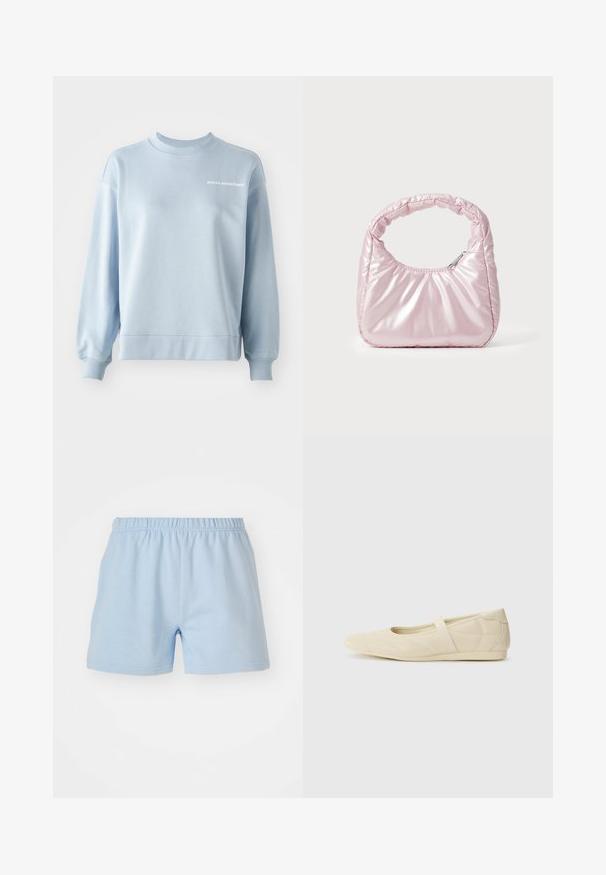 Sudadera azul clara hecha de tela suave, con cuello redondo y puños de canalé. Pequeño texto blanco "costas oceánicas" en la parte frontal.; Pantalones cortos de algodón azul claro con cintura elástica. Presentan una textura simple y suave, y terminan a la altura de los muslos. Sin bolsillos.; Bailarinas beige con un exterior de cuero liso, punta en forma de almendra y una correa elástica en el empeine, con detalles de costura sutiles.; Bolso de mano acolchado en color rosa con un diseño redondeado, fabricado en material brillante. Presenta un asa fruncida y un cierre de cremallera para un acceso seguro.