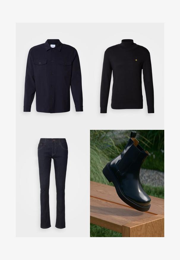 Scotch & Soda TURTLENECK SWEATER - Svetrík - anthracite; Námornícky modrá košeľa-jaket z jemnej tkaniny, s dvoma náprsními vreckami, s predným zapínaním na gombíky a dlhými rukávmi s gombíkovými manžetami.; Tmavomodré denimové nohavice s rovnými nohavicami, so prednými vreckami, zapínaním na gombík a jemnými švovými detailmi. Klasický dizajn.; Čierna kožená chelsea obuv s hladkým povrchom, elastickými bočnými panelmi, zaoblenou špičkou a silnou gumovou podrážkou, umiestnená nad dreveným povrchom.