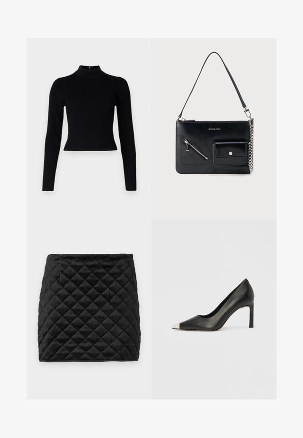 Pull-over noir à col roulé côtelé avec des manches longues et une silhouette ajustée, présentant une texture lisse et un zip au dos.; Jupe mini matelassée noire en tissu doux, avec un motif en losanges, coupe droite et poche latérale dissimulée.; Chaussure à talon haut en cuir noir avec bout pointu et capuchon argenté métallique. Présente une finition lisse et un talon fin de 10 cm.; Sac à bandoulière en cuir noir Michael Kors avec fermeture éclair supérieure, poche avant zippée en diagonale, poche à rabat avec bouton-pression et détail en chaîne argentée.