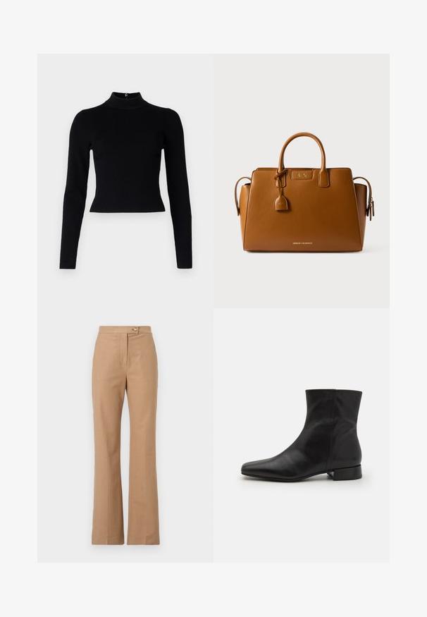 Sort ribbet turtleneck sweater med lange ærmer og en tætsiddende silhuet, der har en glat overflade og en lynlåsdetalje på ryggen.; Beige skræddersyede bukser med en flagrende silhuet, lavet af glat stof, med en frontknaplukning og to sidelommer.; Sort læder ankelstøvle med spids tå, glat tekstur, minimalistisk design og en lav blokhæl. Sidelukning går op til anklen.; Brun imitation læder taske med runde håndtag, logo accenter, et aftageligt mærke og en lynlåslomme på siden. Rektangulær form, glat tekstur.