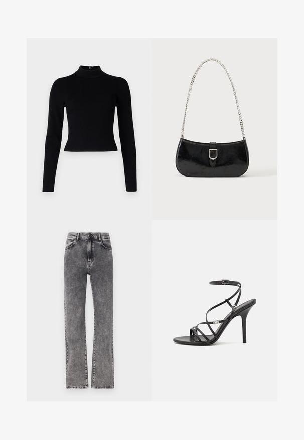 Sort ribbet turtleneck sweater med lange ærmer og en tætsiddende silhuet, der har en glat overflade og en lynlåsdetalje på ryggen.; Grå denim højtaljede jeans med lige ben design, der har subtil whiskering og standard fem-lomme stil.; Sort højhælet sandal med tynde stropper, en ankelspænde, en glat læderoverflade og en slank stilethæl.; Sort skuldertaske i laklæder med sølv spænde og sølv kæderem, vist mod en ensartet lys baggrund.