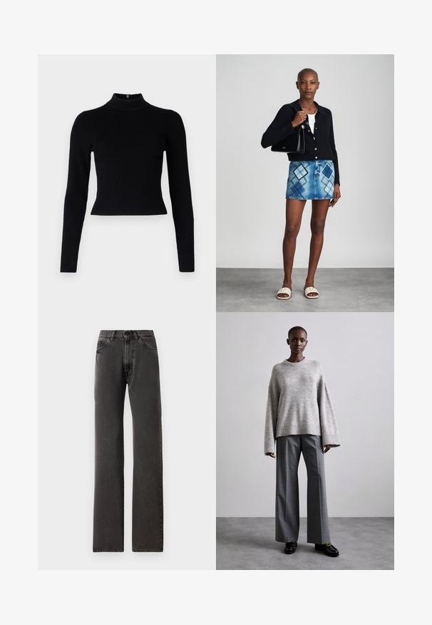 Pull-over noir à col roulé côtelé avec des manches longues et une silhouette ajustée, présentant une texture lisse et un zip au dos.; Jean noir à jambe droite avec poches avant, passants de ceinture, fermeture à bouton et coutures visibles sur un fond blanc.; Pull en maille gris avec des manches larges et un ourlet côtelé, assorti à un pantalon gris taille haute avec un motif à carreaux discret et des mocassins noirs.; Un cardigan en maille noir, un haut blanc, une jupe en denim avec un motif de diamants bleus et noirs, un sac à main noir et des sandales à enfiler beiges.