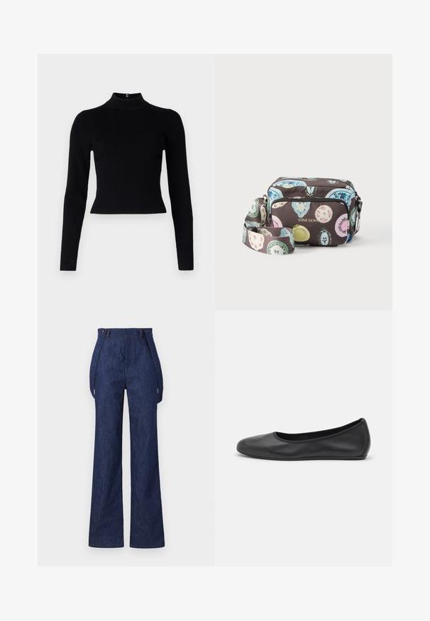 Pull-over noir à col roulé côtelé avec des manches longues et une silhouette ajustée, présentant une texture lisse et un zip au dos.; Pantalons en denim bleu foncé à jambes larges avec une taille haute et des coutures visibles. Comprend des poches latérales et une coupe décontractée.; Ballerines en cuir noir avec un bout rond, texture lisse, détails de couture minimalistes et design de semelle flexible.; Sac bandoulière avec motifs ovales colorés sur fond sombre, poche avant zippée et bandoulière réglable, marqué "STINE GOYA" en lettres dorées.