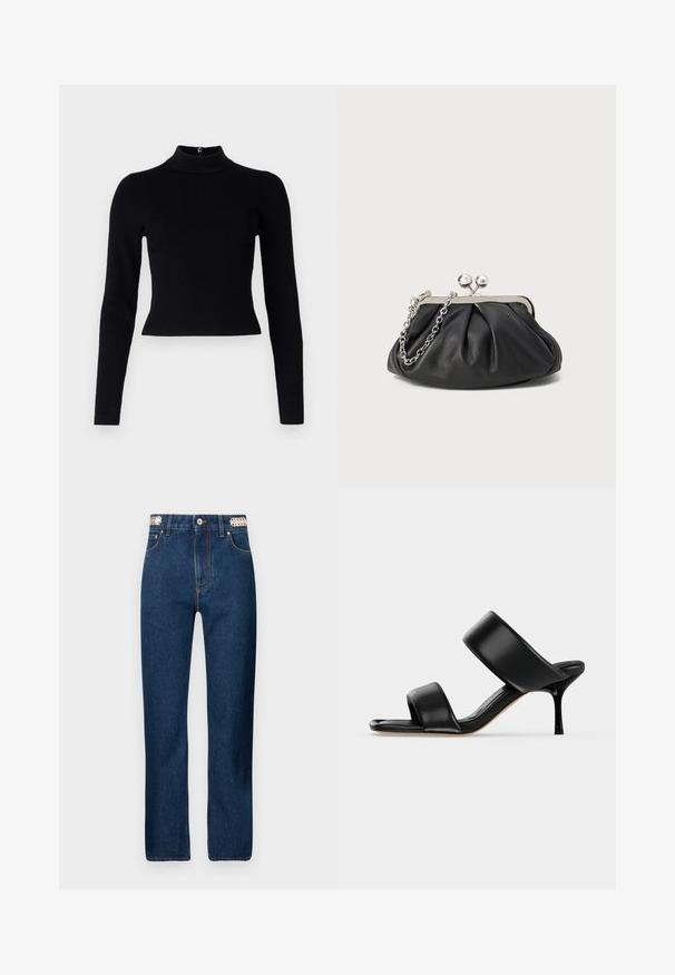 Mustmustöödaga must ribakudum, millel on pikad varrukad ja liibuv siluett, sujuva tekstuuriga ning seljaosa tõmblukuga detail.; Rabanne Sirgete säärtega teksad - dark blue denim; Mustast nahast mule-tüüpi sandaal kahe laia rihmaga ja õhukese keskmise kõrgusega kontsaga lihtsal heledal taustal.; Musthave musta nahast käekott, millel on volditud tekstuur, hõbedane metallraam, lukustatud sulgemismehhanism ja kett. Sile ja pehme pind.