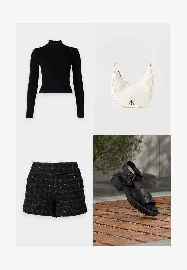 Musta ribbikuvioitu korkeakauluksinen neulepaita, jossa on pitkät hihat ja vartalonmyötäinen silhouette. Paita on sileätekoinen ja siinä on takana vetoketjuyksityiskohta.; Mustat tweed-shortsit, joissa on teksturoitu pinta ja kultalangalla tehty ruutukuosi, säädetty muoto ja keskikorkea vyötärö.; Musta nahkainen Calvin Kleinin sandaali nilkkaremmin ja soljen kanssa kellumassa puu- ja kivilaatoitetun ulkoalueen yläpuolella.; Pieni valkoinen puolikuun muotoinen käsilaukku, jossa lyhyt hihna, vetoketjusuljenta ja musta "cK"-logo edessä.