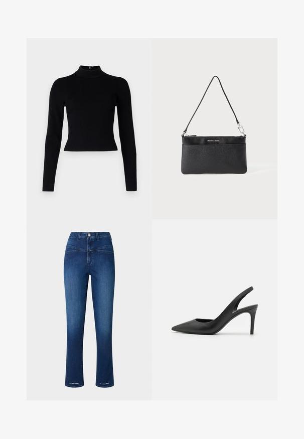Sort ribbet turtleneck sweater med lange ærmer og en tætsiddende silhuet, der har en glat overflade og en lynlåsdetalje på ryggen.; Mørkeblå denimbukser med høj talje, slim fit, lige ben og to forlommer. Indeholder en metalknap og syningsdetaljer.; Sorte læder slingback høje hæle med spids tå-design, der har en udskæring fortil og en tynd stiletto-hæl.; Sort læder håndledspung, tekstureret overflade, lynlås lukning, sølvfarvet hardware, mærkelogo, justerbar rem. Kompakt og rektangulær form.