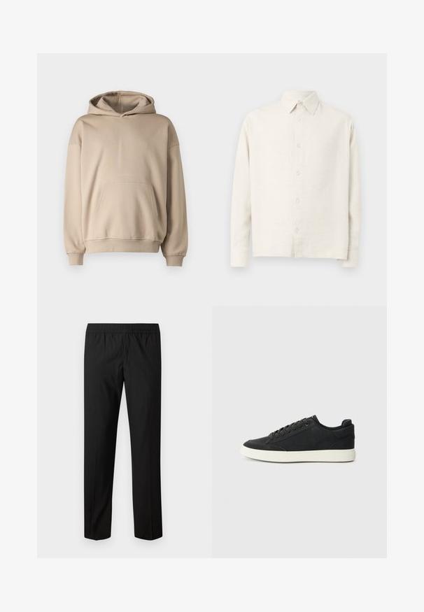 Sudadera con capucha beige, tejido suave, corte holgado, bolsillo canguro, puños y bajo acanalados, diseño minimalista, textura suave.; Camisa de manga larga color beige claro, hecha de tela texturizada. Cuenta con un cuello con solapa y cierre de botones en la parte delantera, con un dobladillo recto.; Pantalones negros de pierna recta con cintura elástica, sin bolsillos visibles ni adornos.; Zapatillas negras con parte superior texturizada, suela de goma blanca plana y cordones tonales. Presentan una puntera redondeada y un diseño minimalista.