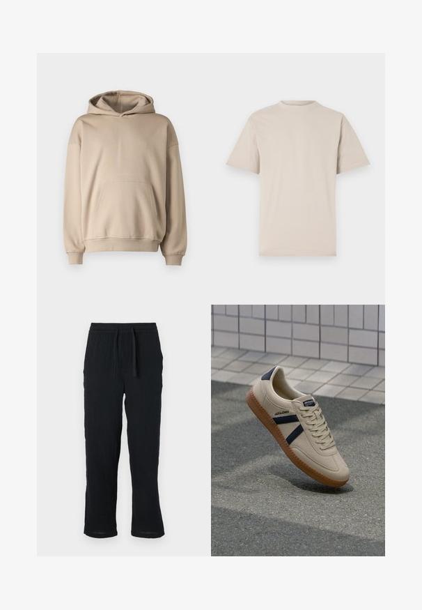 Sudadera con capucha beige, tejido suave, corte holgado, bolsillo canguro, puños y bajo acanalados, diseño minimalista, textura suave.; Camiseta de manga corta beige, con cuello redondo, hecha de una suave tela de algodón, que presenta un corte relajado y sin patrones o adornos visibles.; Pantalones negros, ligeros, con una cinturilla elástica y un ajuste relajado, fabricados con un tejido texturizado. Piernas rectas con un puño ligeramente ajustado.; Zapatilla beige con acabado texturizado, rayas azul marino y suela de goma. Presenta una lengüeta acolchada y un sistema de cordones tradicional para un ajuste seguro.