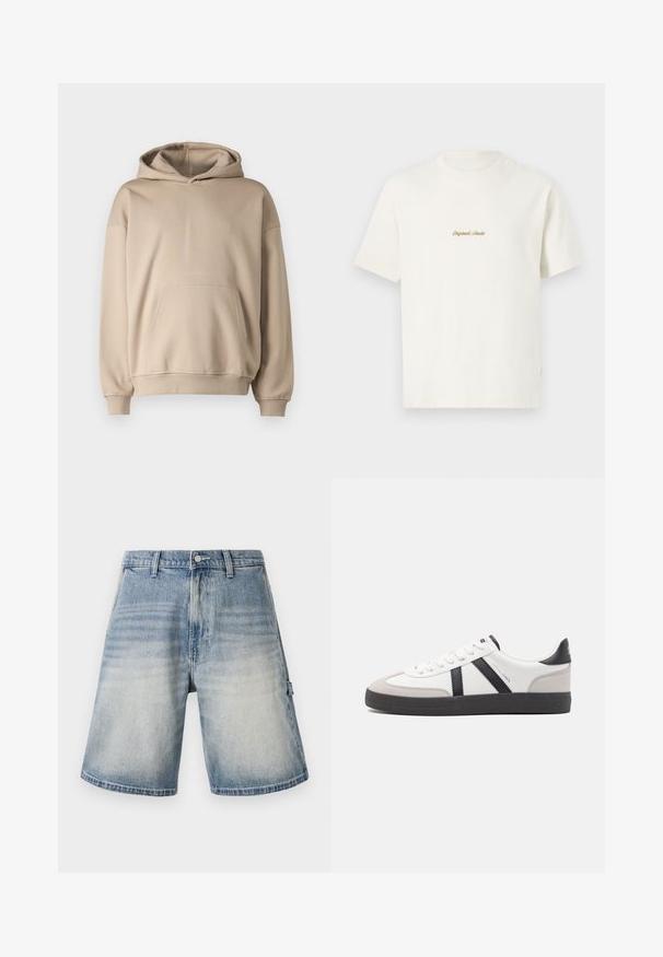 Beige capuchon sweatshirt, zachte stof, losse pasvorm, kangoeroezak, ribgebreide manchetten en zoom, minimalistisch ontwerp, gladde textuur.; Crème katoenen t-shirt met korte mouwen, ronde hals en geborduurd "Original Studio" logo in goud op de borst. Zachte textuur.; Denim shorts in een vervaagde blauwe kleur, losse pasvorm en rechte snit. Voorzien van vijf zakken en riemlussen met een subtiel versleten patroon.; Witte sneaker met zwarte en grijze accenten, voorzien van een grijze neus met textuur, zwarte rubberen zool en platte witte veters. Schoon ontwerp, minimalistische stijl.