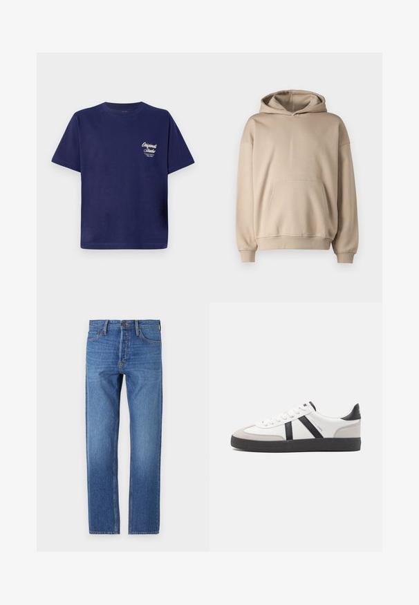Sudadera con capucha beige, tejido suave, corte holgado, bolsillo canguro, puños y bajo acanalados, diseño minimalista, textura suave.; Camiseta de algodón azul marino de manga corta, cuello redondo y pequeño gráfico de texto blanco en la parte frontal izquierda. Diseño simple de color sólido.; Jeans de mezclilla azul con corte recto, diseño clásico de cinco bolsillos, costuras de cobre y un acabado deslavado para un aspecto usado.; Zapatilla blanca con acentos en negro y gris, que presenta una puntera texturizada en gris, suela de goma negra y cordones planos blancos. Diseño limpio, estilo minimalista.