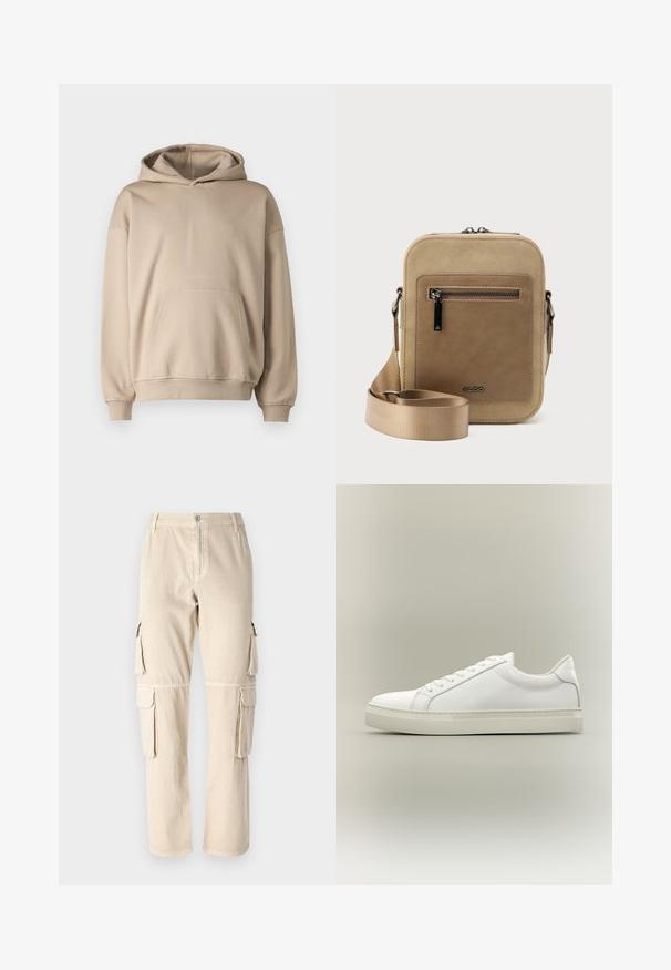 Beige hooded sweatshirt, soft fabric, loose fit, kangaroo pocket, ribbed cuffs and hem, minimalistic design, smooth texture.; Beige cargo pants made of cotton. Features side pockets, straight leg design, and a button closure at the waistband. Simple stitching details.; White low-top sneaker with lace-up front and thick sole, shown from the side against a neutral background.; Small beige crossbody bag with front zip pocket, metal ALDO logo, adjustable wide strap, and rounded rectangular shape on white background.