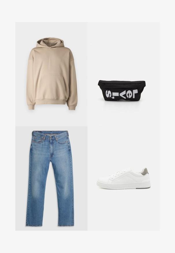 Beige Kapuzenpullover, weicher Stoff, lockere Passform, Kängurutasche, gerippte Bündchen und Saum, minimalistisches Design, glatte Textur.; Blaue gerade geschnittene Denim-Jeans mit vorne liegendem Knopf- und Reißverschluss, Gürtelschlaufen und Fünf-Taschen-Design auf weißem Hintergrund.; Weißer Sneaker aus glattem Leder, runde Zehenpartie, minimalistisches Design, graue Fersenkante und strukturierte Gummisohle.; Schwarze Stofftasche mit flacher Form, mit fettgedrucktem weißen Text. Der Reißverschluss befindet sich oben, mit einer Schlaufe an einer Seite.