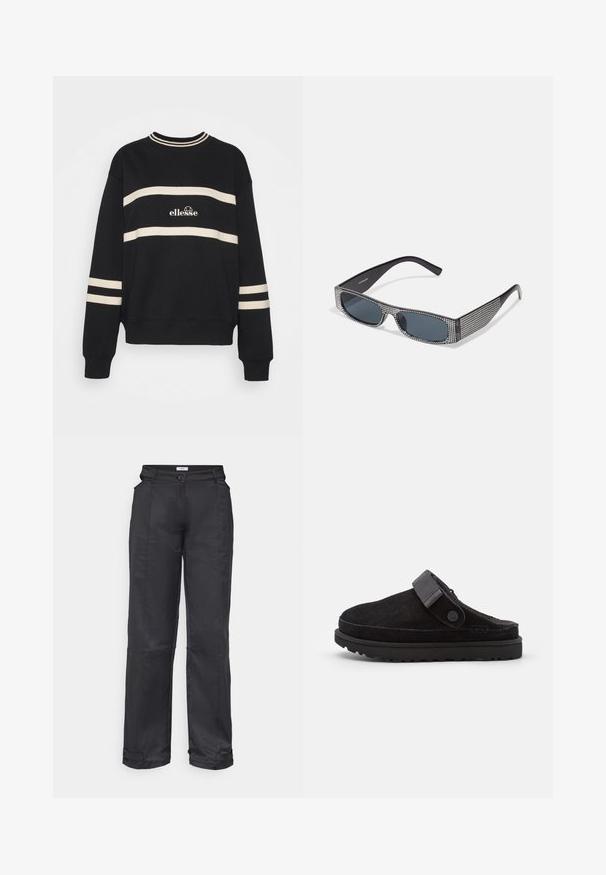 Schwarzer Pullover mit zwei horizontalen cremefarbenen Streifen, geripptem Kragen und Logo in der Mitte. Die Ärmelbündchen haben ähnliche Streifenverzierungen.; Envii EMBLA PANTS CUT - Stoffhose - black; Schwarze Wildleder-Pantoletten mit runder Zehenpartie, weichem Material, verstellbarem Riemen und dicker Gummisohle mit strukturiertem Profil für besseren Halt.; Schwarze Sonnenbrille mit grauen Gläsern, versehen mit einem Rastermuster aus kleinen metallischen Strasssteinen entlang der Fassung. Glatte Oberfläche, kantiges Design.