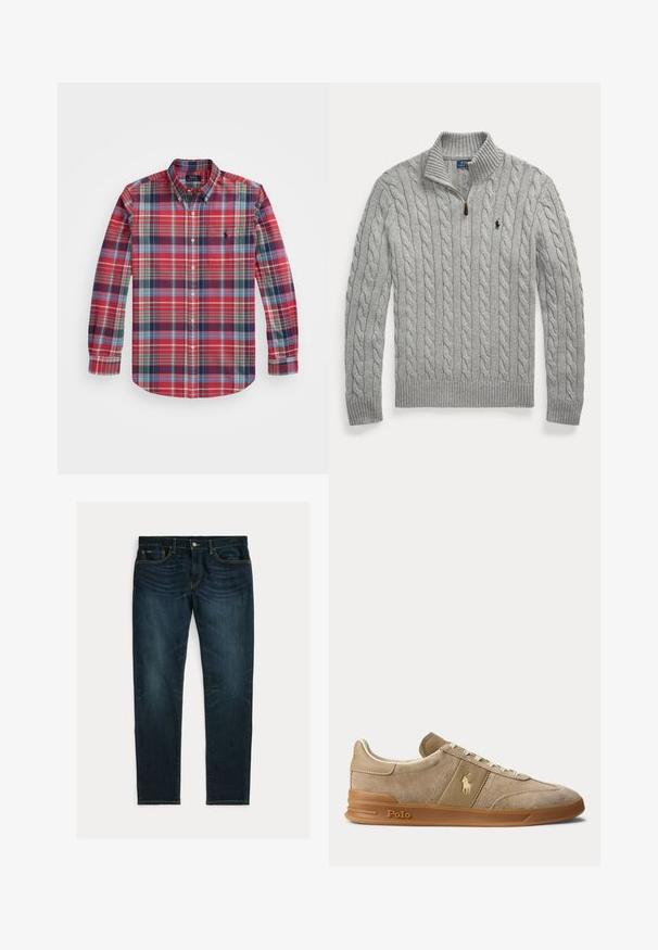 Lysegrå kabelstrikket sweater med halv lynlås og ribstrikket krave, ærmer og kant, med et lille mørkt logo på brystet.; Langærmet ternet skjorte i rød, blå og grøn med knap-ned krave, brystlomme og logo broderi på venstre side.; Mørkeblå slim-fit jeans med let falmning og fem-lomme-design, lagt fladt på hvid baggrund.; Beige ruskind og læder lav-top sneaker med gummisål, hvide snørebånd og Polo-logo på siden og sålen.