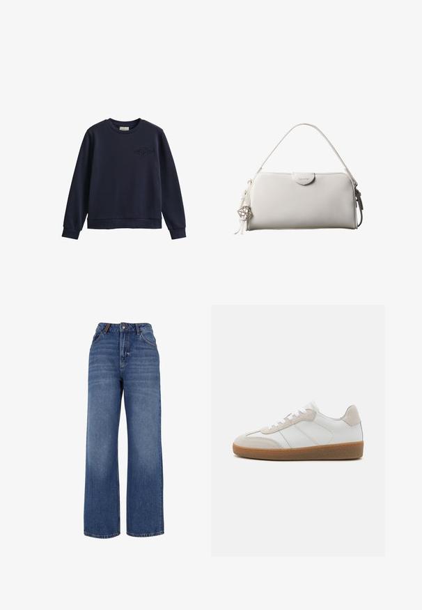 Marineblaue Sweatshirt mit langen Ärmeln und Rundhalsausschnitt, gerippten Bündchen und Saum, mit einem gestickten Logo auf der linken Brust.; Weite Jeans aus mittelgewichtiger blauer Baumwolle. Klassisches Fünf-Taschen-Design mit Reißverschluss und Knopfverschluss.; Weiße Leder-Sneaker mit beige Suede-Akzenten, strukturiertem Zungenbereich und Gummisohle. Verfügt über weiße Schnürsenkel und dezente eingestickte Details.; Weiße rechteckige Calvin Klein Handtasche mit einem einzelnen Henkel, minimalistischem Design und dekorativen Quasten mit geometrischem Metallanhänger an der Seite.
