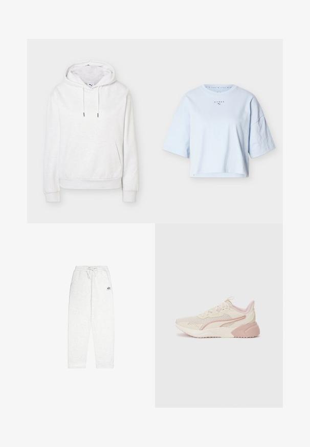 Valge kapuutsiga dressipluus ees tasku ja nööridega, lihtne disain, valgel taustal.; hele sinine lühike T-särk lühikeste varrukatega, millel on kaelaserval tsentreeritud "HYROX" logo koos Puma sümboliga.; Heledad hallhalli, mis on valmistatud pehmest kangast, elastse vöökoha ja paelaga, küljetaskud ning väike logo ees.; Kergedavad jooksujalatsid beeži ja heleda roosa disainiga, võrksüdamik, pehmendusega tald ning vaiksed logo aktsendid küljel.