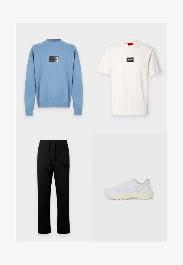 Sweatshirt bleu clair à manches longues avec col, poignets et ourlet côtelés, arborant un patch rectangulaire noir centré avec le texte "HUGO".; T-shirt blanc à manches courtes avec col rond, doté d'un petit patch rectangulaire noir et du texte blanc "HUGO" sur la poitrine.; Pantalon de survêtement noir avec une ceinture élastique, un cordon de serrage et un petit logo "HUGO" embossé sur le côté gauche. Texture lisse, coupe droite.; Baskets de sport blanches en mesh et en daim, avec une semelle intermédiaire texturée, des accents texturés et le logo "HUGO" sur le côté.