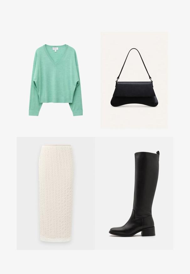 Mintgrüner Strickpullover mit V-Ausschnitt, langen Ärmeln und gerippten Bündchen sowie Saum, flach auf weißem Hintergrund präsentiert.; Hellbeige Midikleid mit vertikaler Rippenstruktur, weichem Stoff, elastischem Taillenbund und leicht ausgestelltem Saum. Keine sichtbaren Beschläge oder Akzente.; Schwarze kniehohe Stiefel aus glattem Leder mit Blockabsatz, runder Spitze und einem eleganten, schlichten Design.; Schwarze Lederhandtasche mit abgerundetem Boden, Klappverschluss und dünnem, einzelnen Schulterriemen vor schlichtem, hellem Hintergrund.