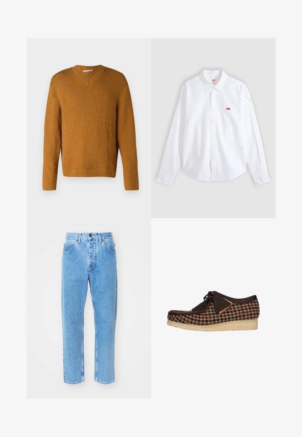 Sennepsgul tekstureret striktrøje med V-hals og lange ærmer, vist mod en simpel hvid baggrund.; Hvid langærmet skjorte med knapper og krave samt lille rødt Levi's-logo på venstre brystområde på en neutral baggrund.; Lyseblå denimjeans har en lige ben-design, fem lommer og en klassisk knaplukning i taljen.; Brun tekstil sko med houndstooth-mønster, læderdetaljer og snørebåndsdesign. Tykk, tekstureret sål giver støtte og stabilitet.