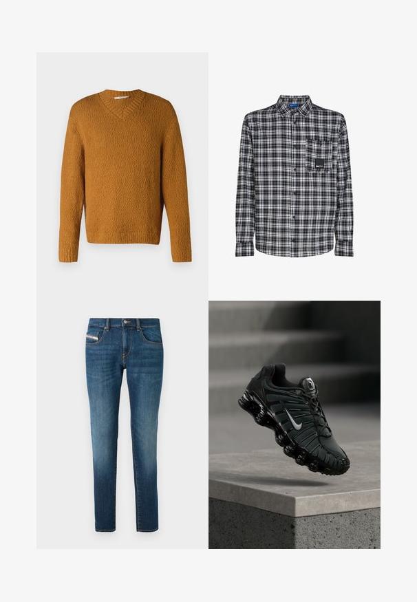 Pullover en maille texturée jaune moutarde avec décolleté en V et manches longues, présenté sur fond blanc uni.; Chemise à manches longues à carreaux noir et blanc, avec fermeture boutonnée sur le devant, col et poche poitrine ornée d'un petit patch logo noir.; Jean en denim bleu foncé avec un léger délavage, coupe droite, cinq poches et des détails de couture contrastés.; Chaussure de course Nike noire et gris foncé avec logo swoosh blanc suspendue au-dessus d'un rebord en béton, avec des escaliers en arrière-plan.