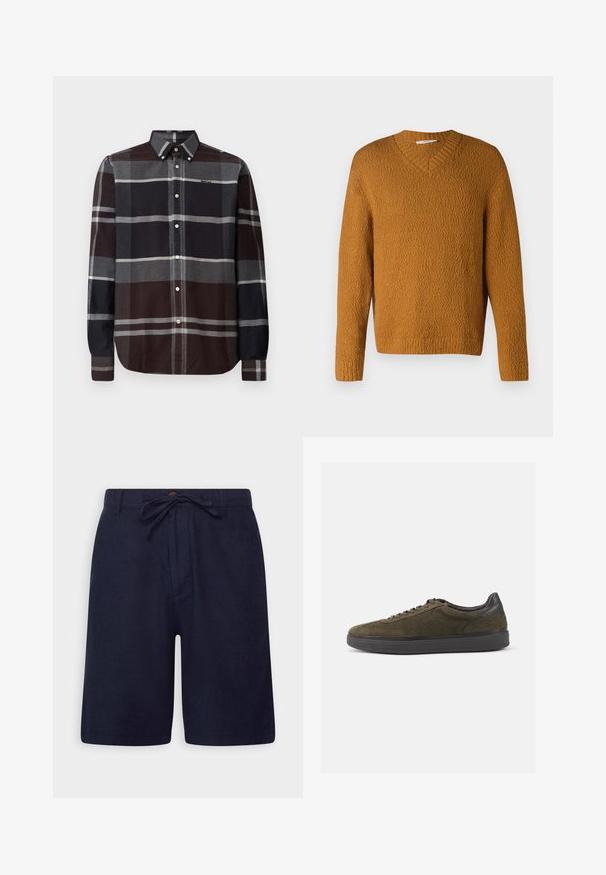 Mosterdgele textuur gebreide trui met V-hals en lange mouwen, weergegeven tegen een effen witte achtergrond.; Barbour ICELOCH TAILORED TARTAN - Overhemd - midnight oak; Marineblauwe shorts van een lichtgewicht stof, met een trekkoord in de taille, een knoopsluiting en zijzakken. Gladde textuur en een getailleerde pasvorm.; Olijfgroene suède sneakers met zwarte leren accenten en veters, voorzien van een gestructureerd oppervlak en een dikke zwarte rubberen zool.