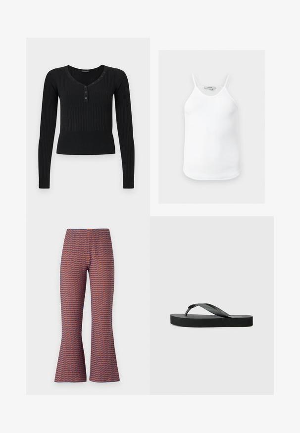 Zwart geribbeld gebreid shirt met lange mouwen, een ronde hals en een gedeeltelijke knoopsluiting met zes knopen aan de linkerkant.; Witte geribbelde mouwloze tanktop met dunne bandjes en een afgeronde zoom, plat weergegeven tegen een neutrale achtergrond.; Geprinte flared broek met een golfontwerp in oranje en blauw, gemaakt van textuurstof met een elastische tailleband voor comfort.; Zwarte flip-flop met een vlakke rubberen zool en een ontwerp van dunne banden. De bovenste band is licht gebogen, wat een minimalistische uitstraling geeft.