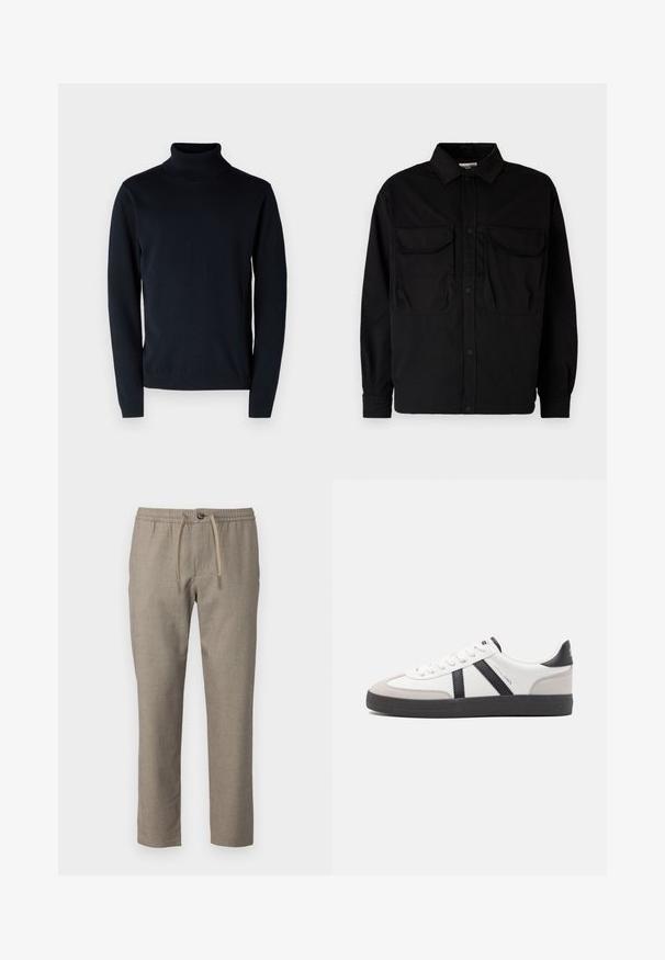 Dunkelblaues Rollkragenpullover aus weichem, dehnbarem Stoff. Mit langen Ärmeln sowie gerippten Bündchen und Saum. Schlichtes, sauberes Design.; Jack & Jones JCOHELVETICA PARACHUTE OVERSHIRT - Hemd - black; Beige Hose mit elastischem Bund, Kordelzug und geradem Bein. Das Material hat eine dezente Textur.; Weiße Sneaker mit schwarz- und grau-aczenten, ausgestattet mit einer strukturierten grauen Zehenkappe, schwarzer Gummi-Sohle und flachen weißen Schnürsenkeln. Sauberes Design, minimalistische Stil.