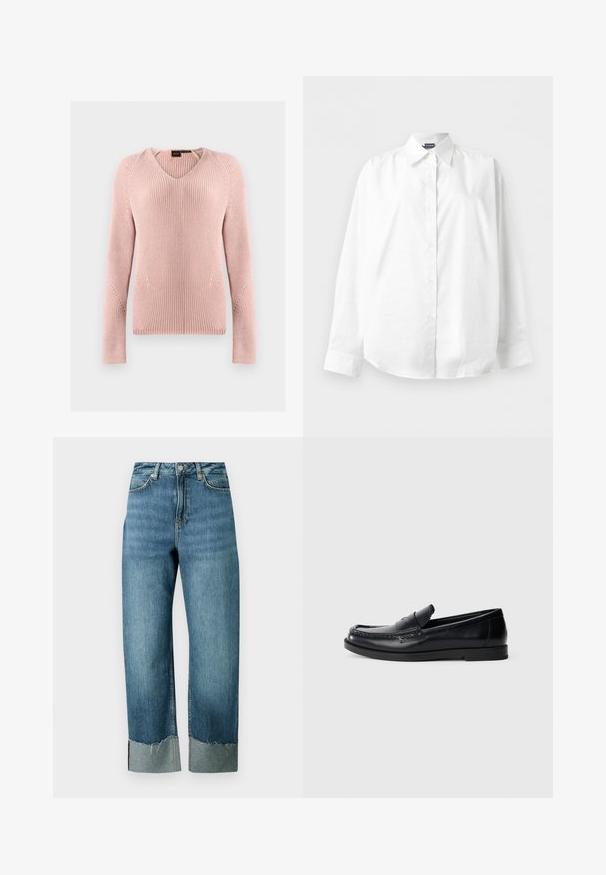 Pull en maille rose clair à col en V avec manches longues et texture côtelée, présenté à plat sur un fond gris clair.; Chemise blanche à manches longues avec col pointu, boutonnée, présentée à plat sur un fond blanc uni.; Jean en denim bleu clair avec une coupe ample et droite. Caractérisé par un ourlet effiloché et un détail de revers contrastant. Conception à cinq poches avec fermeture par bouton.; Mocassins en cuir noir avec un design d'accent cousu, bout rond, semelle plate en caoutchouc et finition lisse. Silhouette classique et polyvalente.