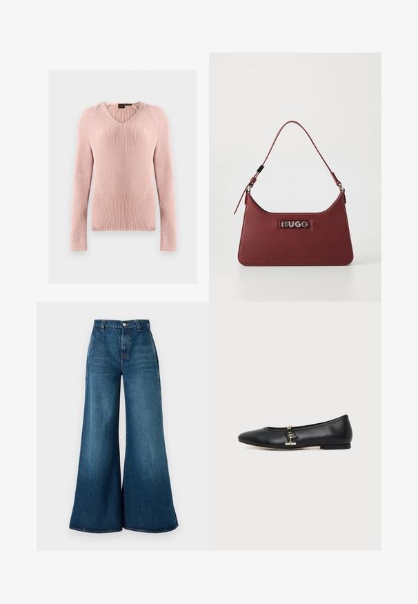Jersey de punto rosa claro con escote en V, mangas largas y textura acanalada, presentado plano sobre un fondo gris claro.; Jeans de mezclilla de pernera ancha en un acabado azul oscuro, con cintura alta, cierre delantero con botón y diseño clásico de cinco bolsillos. Textura suave.; Zapato plano de piel negra con puntera redondeada y pequeño detalle de hebilla dorada en el lateral, mostrado sobre un fondo claro y liso.; Pequeño bolso rectangular de cuero burdeos con correa ajustable y placa de logotipo plateada "HUGO" en la parte frontal.