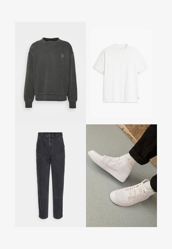 Carhartt WIP NELSON - Sweatshirt - black garment dyed; Hvid t-shirt i bomuld med korte ærmer, rund halsudskæring og en diskret "Levi's"-logo trykt i lyse farver på forsiden.; Sorte denim jeans med høj talje, lige ben og store forlommer. Har kontrasterende syninger og ingen synlige logoer.; Hvide høj-top sneakers lavet af glat læder med perforeret tå, snørelukning og subtil logo detaljer på siden. Tekstureret gummisål.