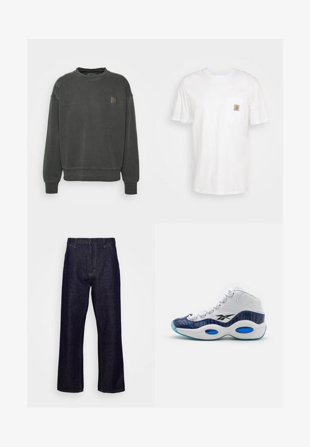 Carhartt WIP NELSON - Sweatshirt - black garment dyed; Weißes Baumwoll-T-Shirt mit kurzen Ärmeln, einer Brusttasche und einem kleinen quadratischen Logopatch in Orange und Weiß auf der Tasche.; Dunkelblaue gerade geschnittene Jeans aus Denim mit vorderen Taschen, Gürtelschlaufen, Reißverschluss und Knopfverschluss, präsentiert vor einem schlichten weißen Hintergrund.; Hochschuh mit oberem Teil aus weißem Leder, blauem und schwarzem Zebra-Muster, ausgestattet mit einer hellblauen, durchsichtigen Laufsohle.